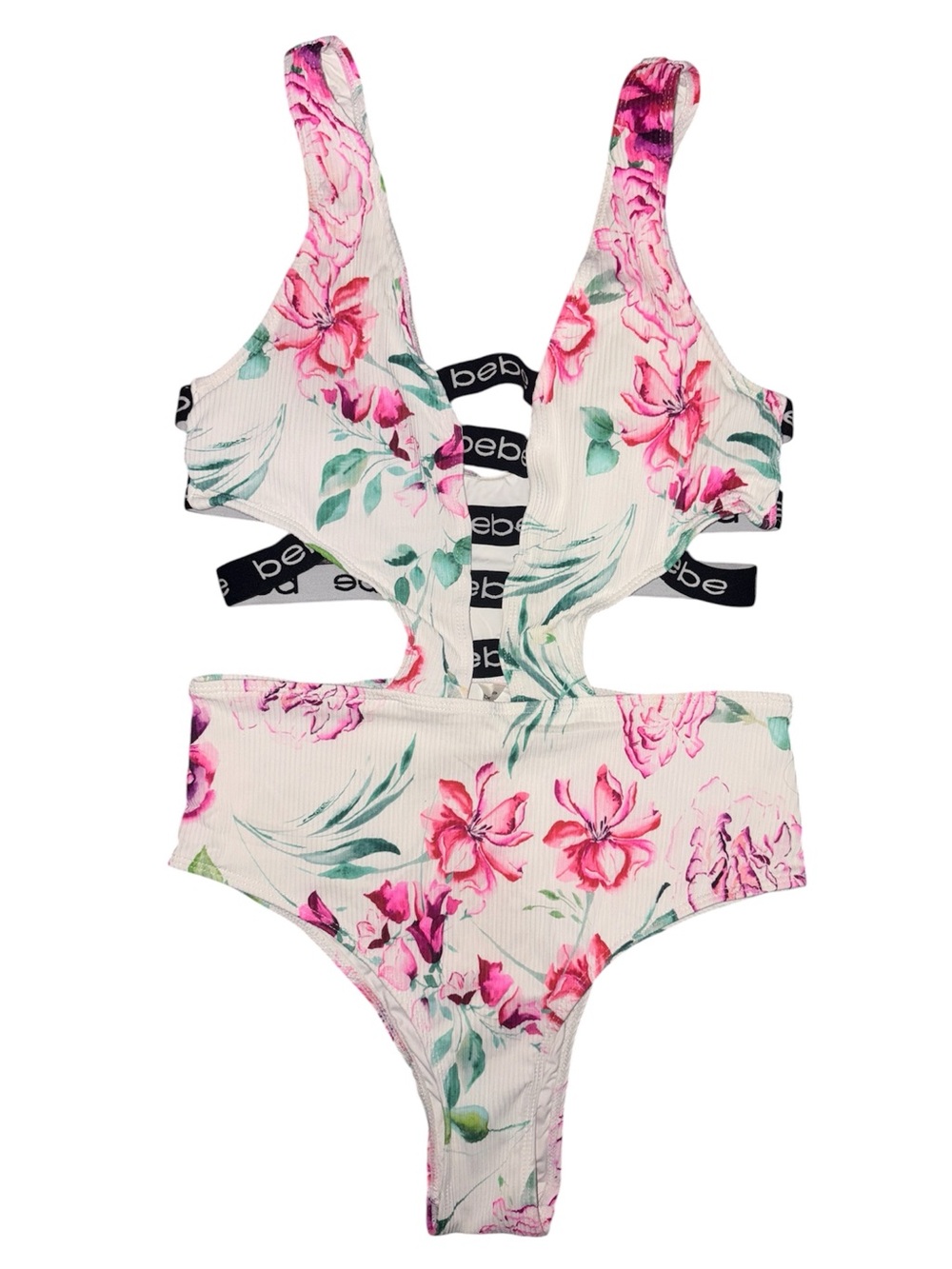 Bebe White Floral Cutout One-Piece Swimsuit with Pink Flowers